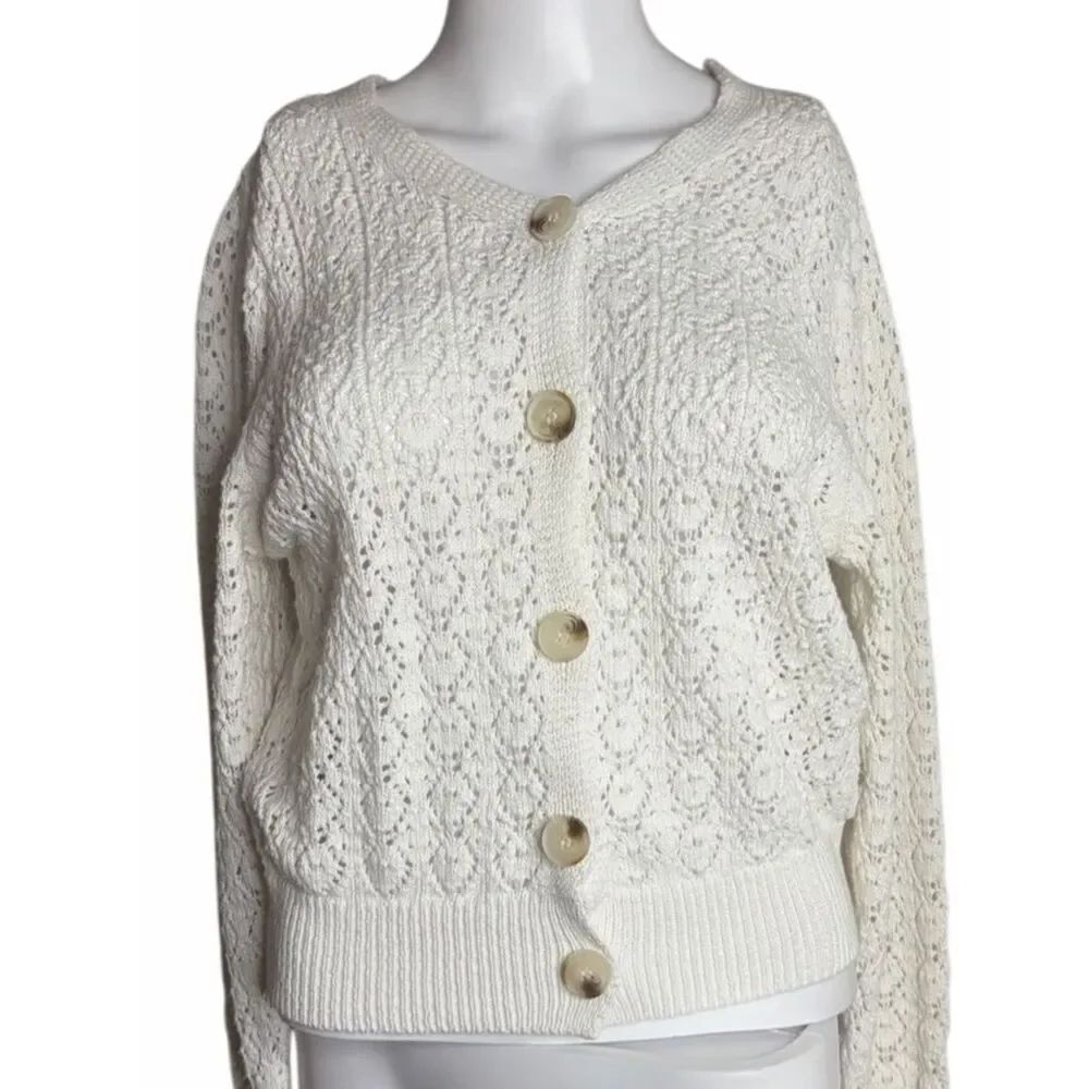 TF Classic White Open-Knit Button Cardigan Sweater Medium